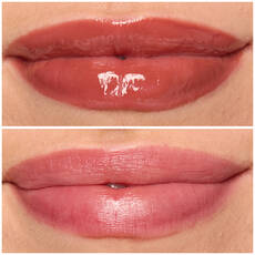 Labios de modelo usando Lip I.V. 18 Drippin' Nude.