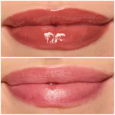 Labios de modelo usando Lip I.V. 18 Drippin' Nude.
